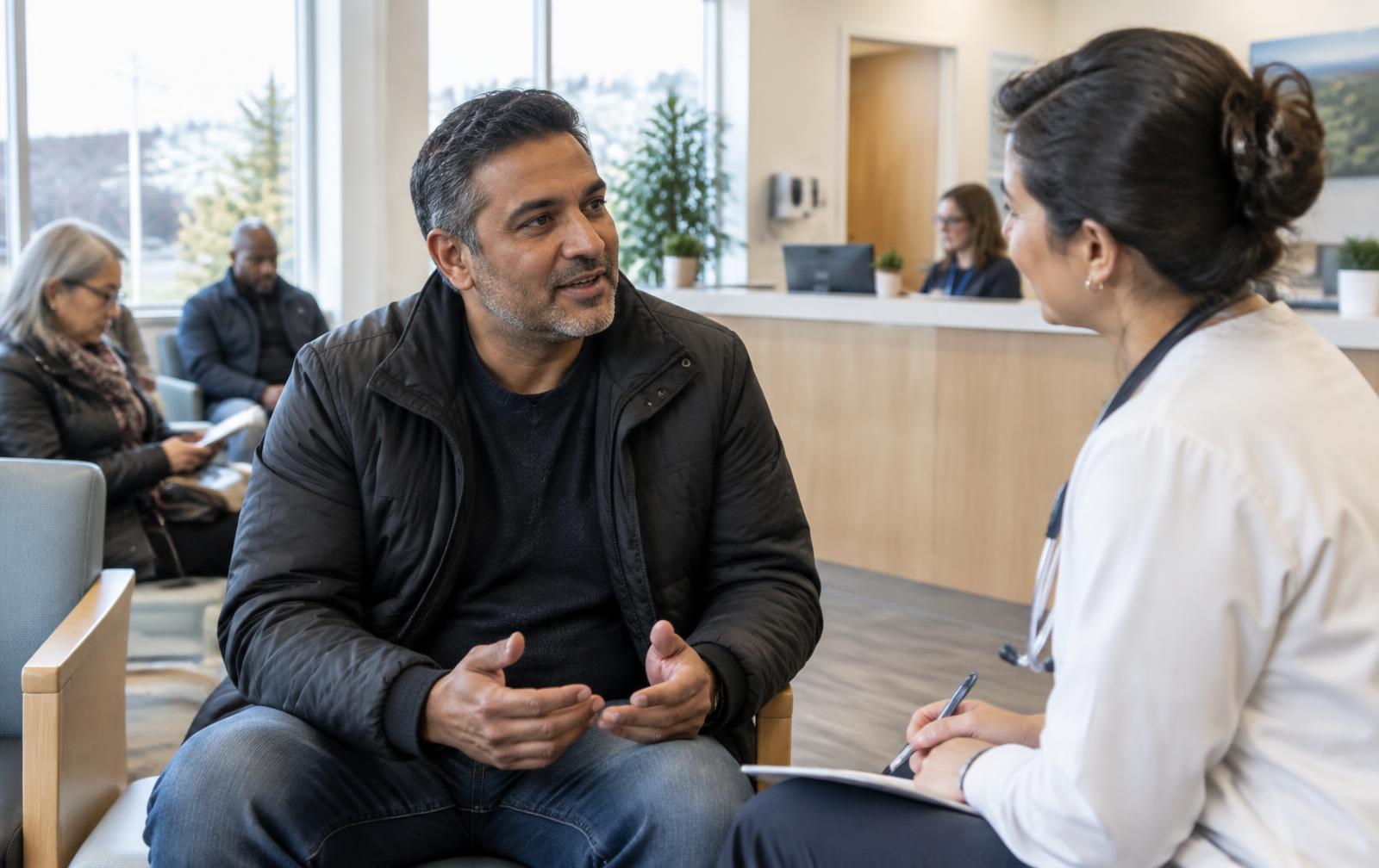 An adult speaking with a healthcare provider in a bright community clinic waiting area