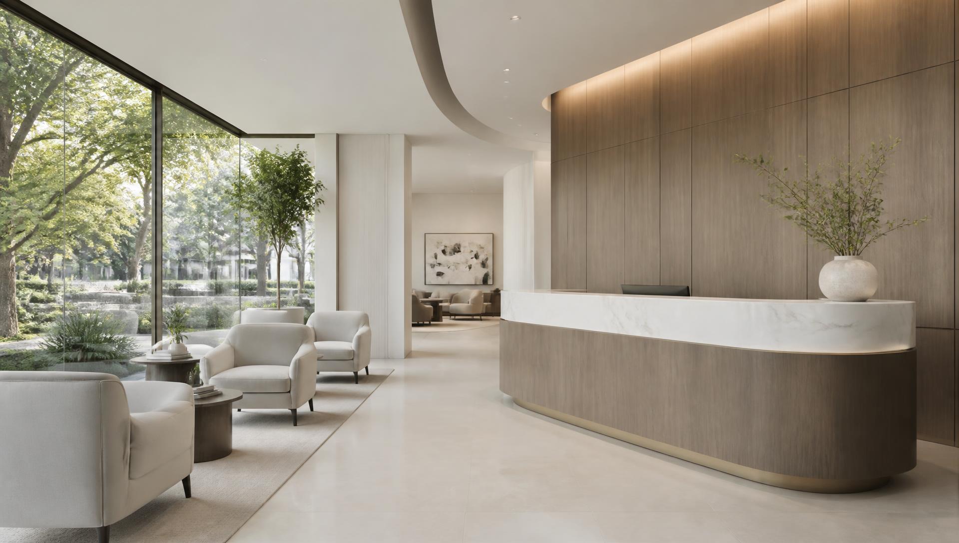 Daylit private clinic reception with walnut millwork and marble counter